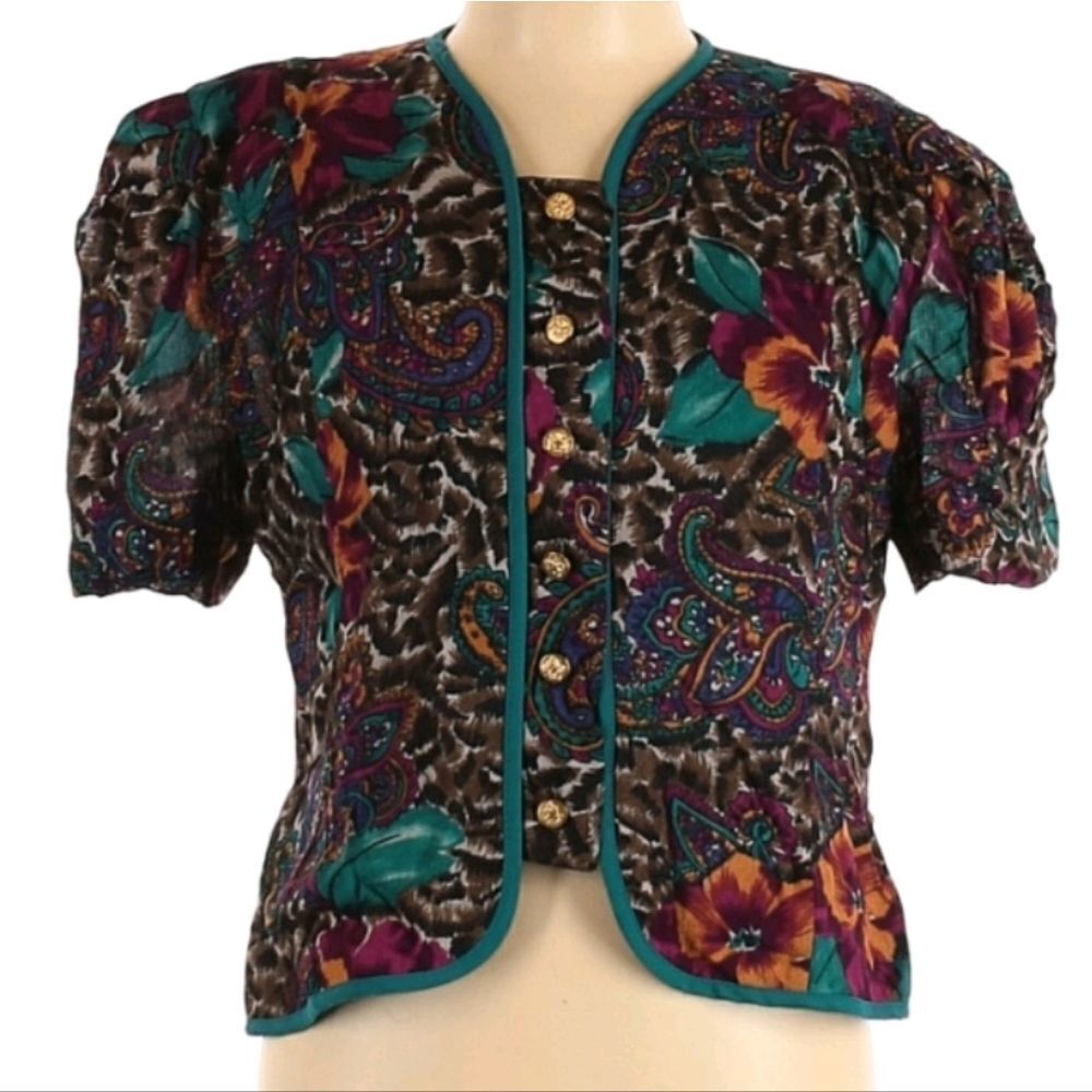 Vintage 1970s blouse button paisley floral leopard print 6 8 - Picture 2 of 11